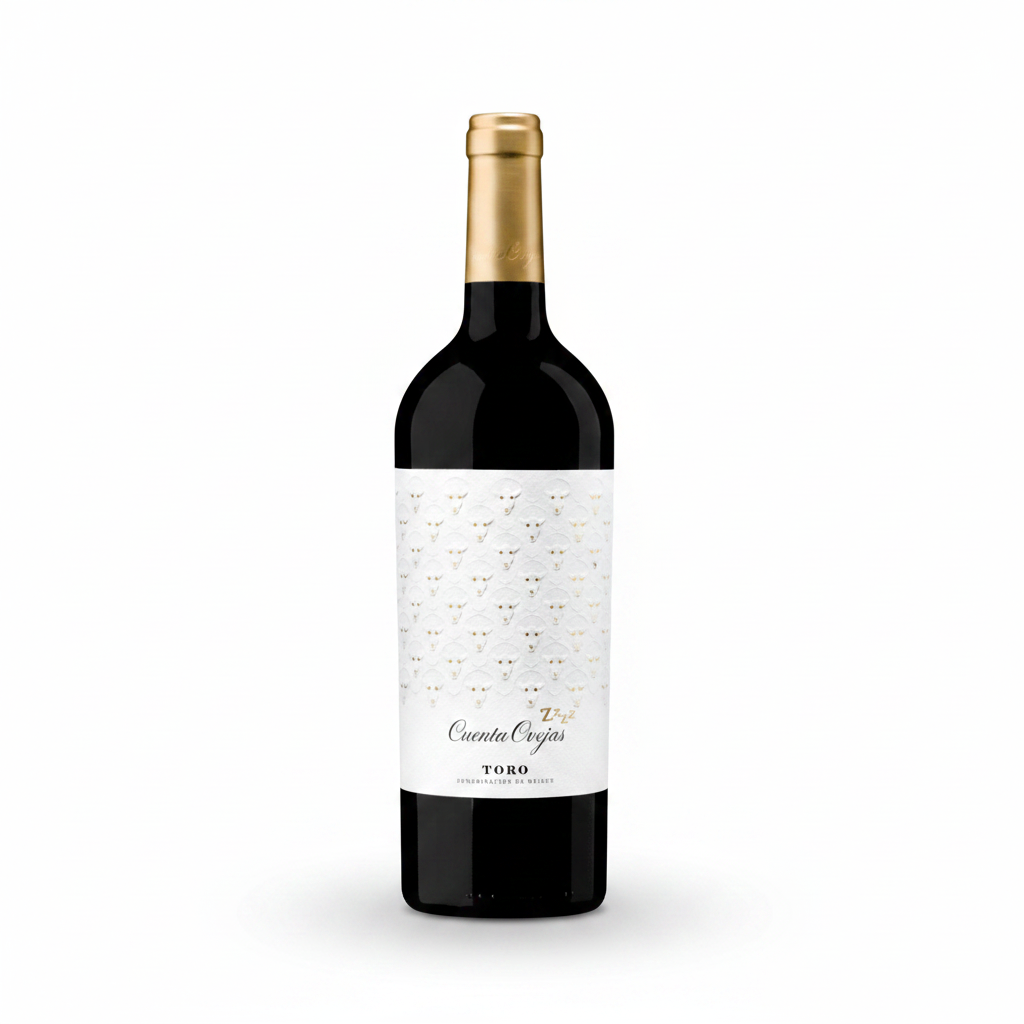 A bottle of Counta Orgas Toro red wine, featuring a white label with a delicate gold trellis pattern and a gold foil-wrapped neck, set against a solid dark teal background.