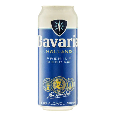 A single Bavaria Holland Premium Beer 5.0% alcohol-free 500 ml can, featuring its signature blue and white label with gold accents, centered on a white background with a black border.