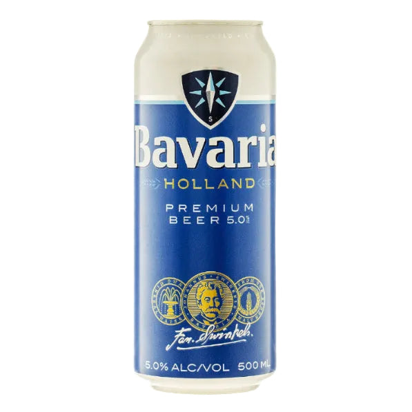 A single Bavaria Holland Premium Beer 5.0% alcohol-free 500 ml can, featuring its signature blue and white label with gold accents, centered on a white background with a black border.