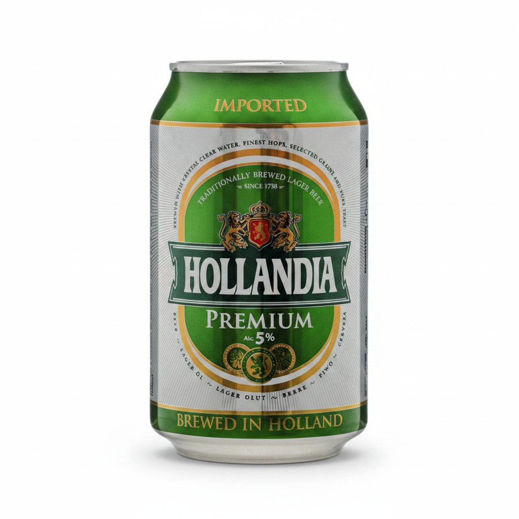 A single can of Hollandia Premium Lager Beer, 5% alcohol by volume, with a green and silver label, shown against a plain white background.