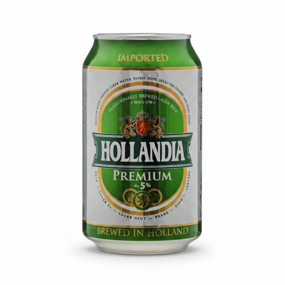 A single can of Hollandia Premium Lager Beer, 5% alcohol by volume, with a green and silver label, shown against a plain white background.