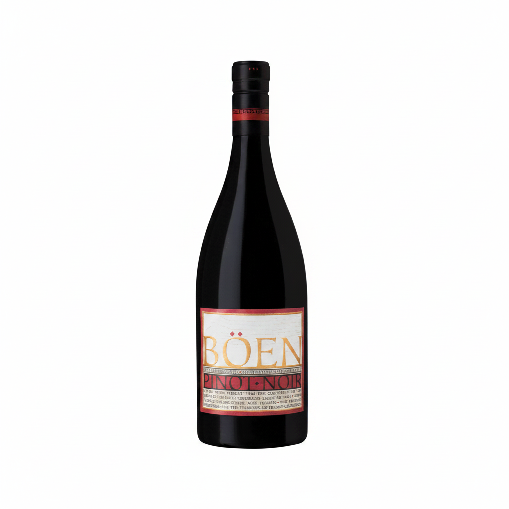 A bottle of Bönen Pinot Noir red wine, featuring a dark glass bottle with a cream and red label, set against a solid green background.