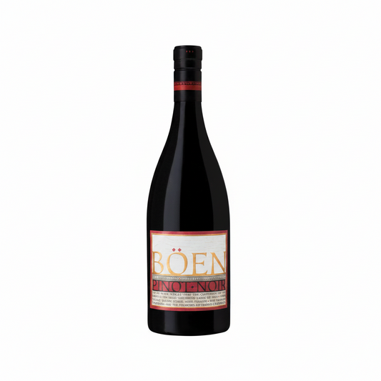 A bottle of Bönen Pinot Noir red wine, featuring a dark glass bottle with a cream and red label, set against a solid green background.