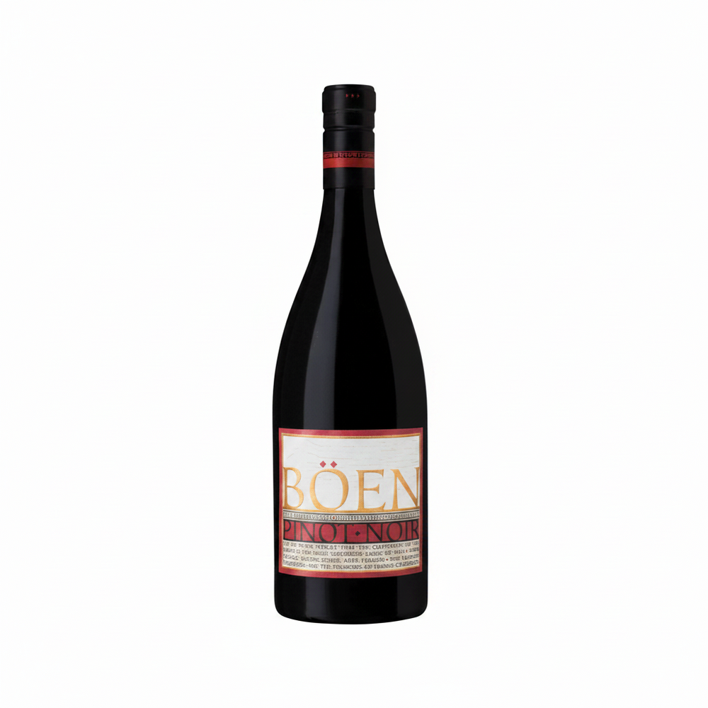 A bottle of Bönen Pinot Noir red wine, featuring a dark glass bottle with a cream and red label, set against a solid green background.