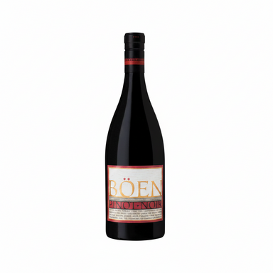 A bottle of Bönen Pinot Noir red wine, featuring a dark glass bottle with a cream and red label, set against a solid green background.