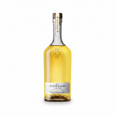 A bottle of Código 1530 Reposado tequila with a gold and white label, set against a solid dark green background.