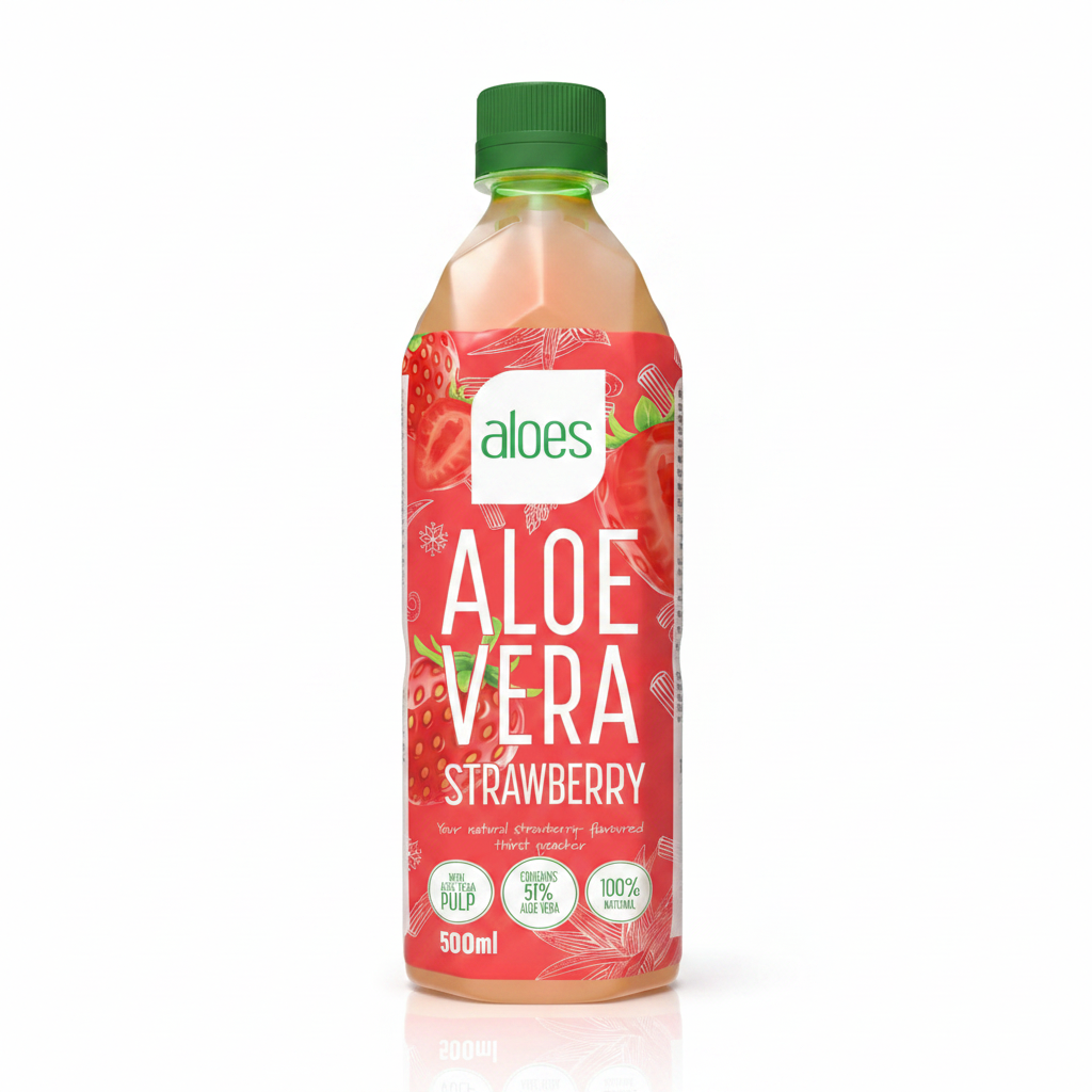 A 500ml bottle of aloe vera strawberry juice by the brand 'aloes', featuring a red label with illustrations of strawberries and white text, topped with a green cap.