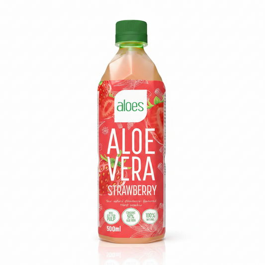 A 500ml bottle of aloe vera strawberry juice by the brand 'aloes', featuring a red label with illustrations of strawberries and white text, topped with a green cap.