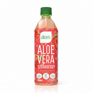 A 500ml bottle of aloe vera strawberry juice by the brand 'aloes', featuring a red label with illustrations of strawberries and white text, topped with a green cap.