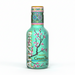 A 500ml bottle of Arizona Original Green Tea with Honey, featuring a turquoise label decorated with pink cherry blossoms, gold lettering, and a colorful patterned neck label.