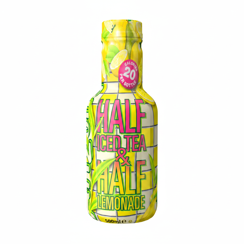 A 500ml bottle of Half Iced Tea & Half Lemonade iced tea mix, featuring a vibrant yellow and green label with a grid pattern, pink and green text, and a pink circular 'Calories 20 per bottle' badge.