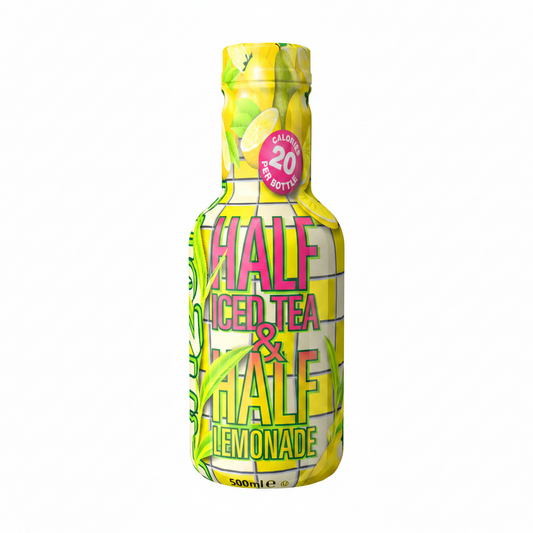 A 500ml bottle of Half Iced Tea & Half Lemonade iced tea mix, featuring a vibrant yellow and green label with a grid pattern, pink and green text, and a pink circular 'Calories 20 per bottle' badge.