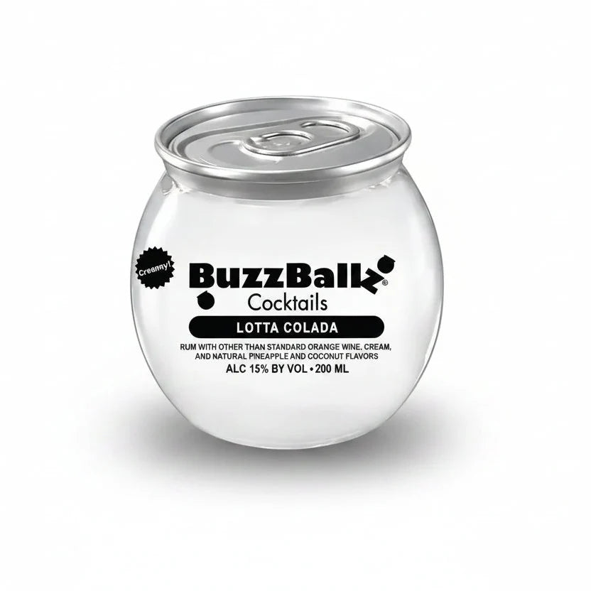 A clear glass can-shaped tumbler with a silver pull-tab lid, printed with BuzzBall Cocktails branding and the flavor name Lotta Colada on a white background.