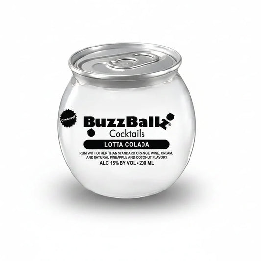 A clear glass can-shaped tumbler with a silver pull-tab lid, printed with BuzzBall Cocktails branding and the flavor name Lotta Colada on a white background.