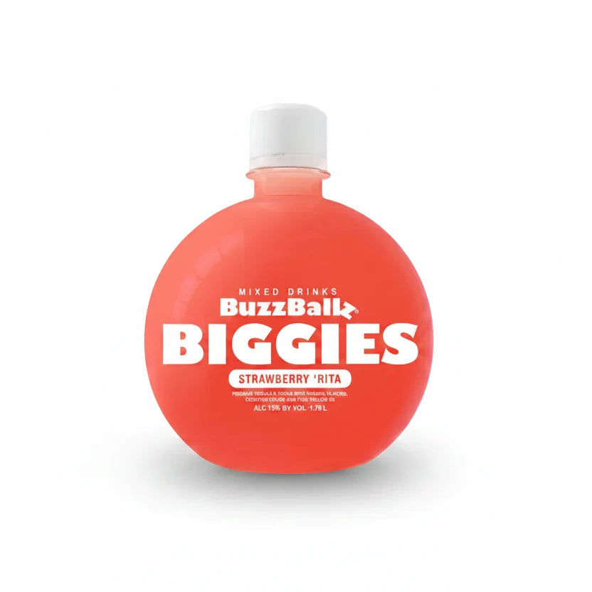 Red bottle of BuzzBallz Biggies Strawberry 'Rita on a white background