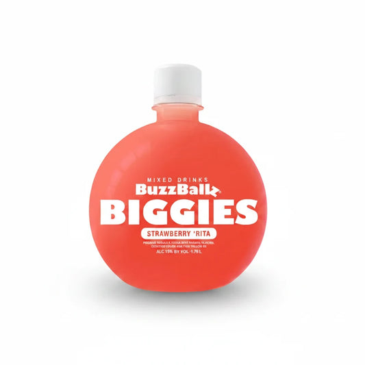 Red bottle of BuzzBallz Biggies Strawberry 'Rita on a white background