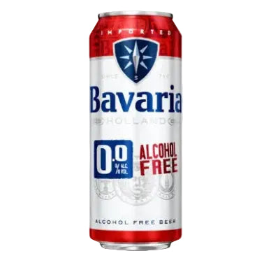 A single Bavaria Alcohol Free beer can on a plain white background. The can is primarily white with red bands at the top and bottom, blue branding text, and a blue shield logo.