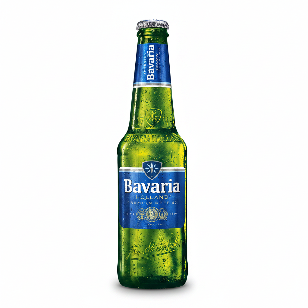 A single bottle of Bavaria Holland premium beer glass in green with a blue label and silver cap, shown on a white background.