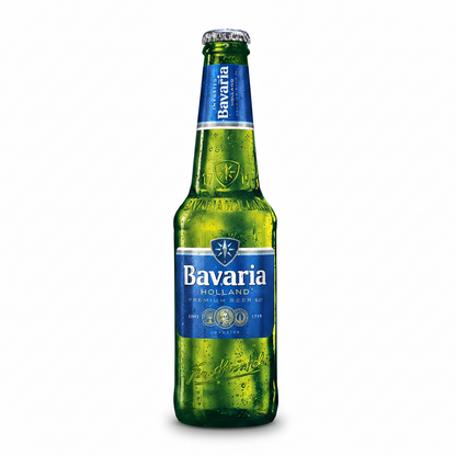 A single bottle of Bavaria Holland premium beer glass in green with a blue label and silver cap, shown on a white background.