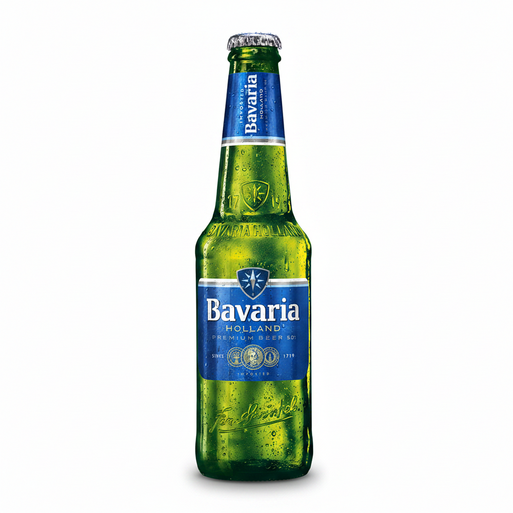 A single bottle of Bavaria Holland premium beer glass in green with a blue label and silver cap, shown on a white background.