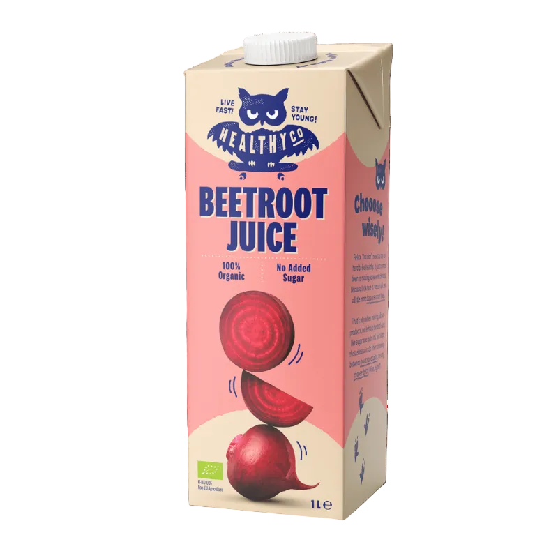 A 1-liter carton of Healthyes Beetroot Juice, featuring a pink and beige design with illustrations of red beetroots and a blue owl logo, set against a plain white background.