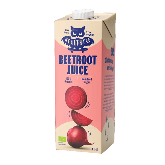 A 1-liter carton of Healthyes Beetroot Juice, featuring a pink and beige design with illustrations of red beetroots and a blue owl logo, set against a plain white background.