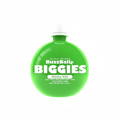 Green bottle of BuzzBallz Biggies mixed drinks with white text on a white background