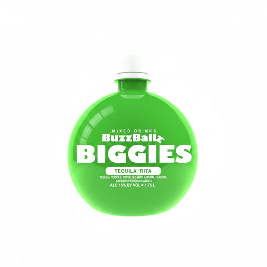 Green bottle of BuzzBallz Biggies mixed drinks with white text on a white background