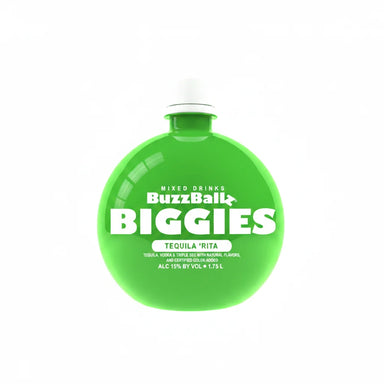 Green bottle of BuzzBallz Biggies mixed drinks with white text on a white background
