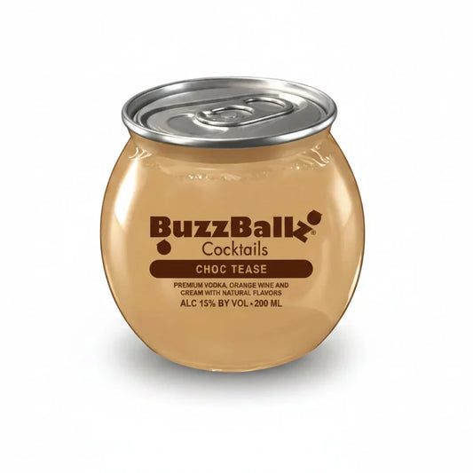 A BuzzBall Cocktails Choc Tease cocktail glass with a rounded amber-brown body, a silver pull-tab lid, and printed product branding on the front, shown on a plain white background.