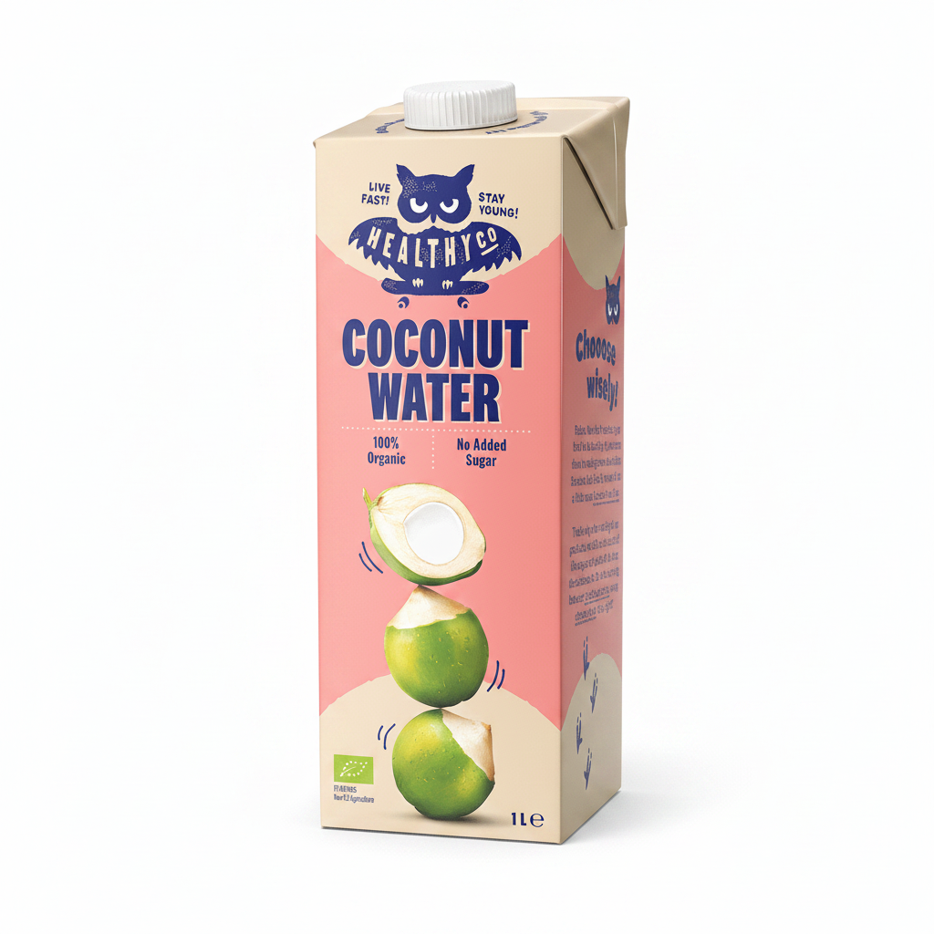 A 1-liter carton of Healthy Co Coconut Water, featuring a pink and beige design with a blue owl logo and illustrations of green coconuts, shown on a black background.