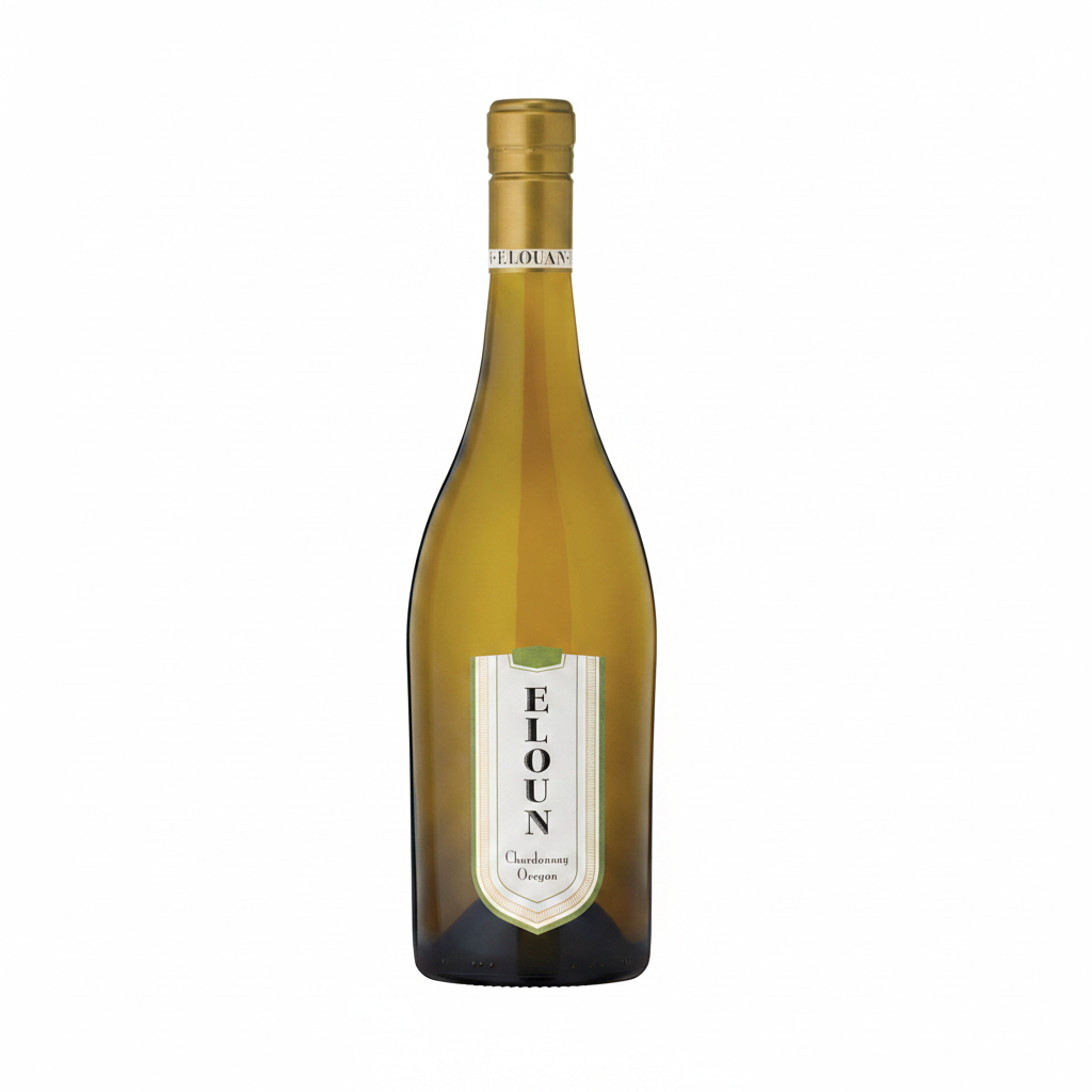 A bottle of Elouan Chardonnay Oregon white wine with a gold foil cap and a white label featuring the brand name 'ELOUAN'.