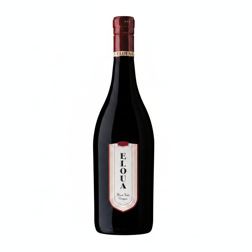 A bottle of Elouan Pinot Noir Oregon red wine, featuring a dark glass bottle with a dark red foil capsule and a white label with red and black details.
