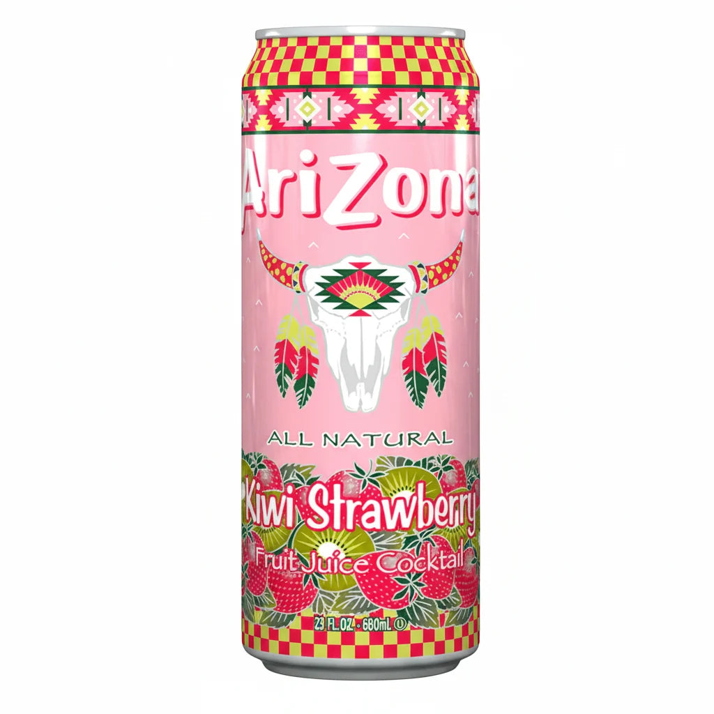 An Arizona brand canned drink labeled Kiwi Strawberry Fruit Juice Cocktail, featuring a pink label with a white bull skull illustration and red, yellow, and green graphic accents.