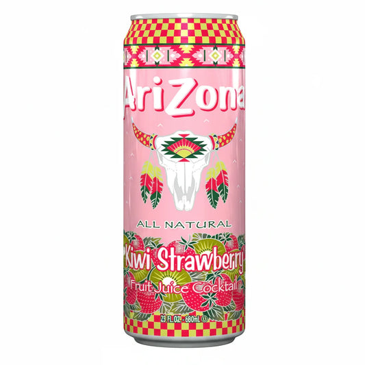 An Arizona brand canned drink labeled Kiwi Strawberry Fruit Juice Cocktail, featuring a pink label with a white bull skull illustration and red, yellow, and green graphic accents.