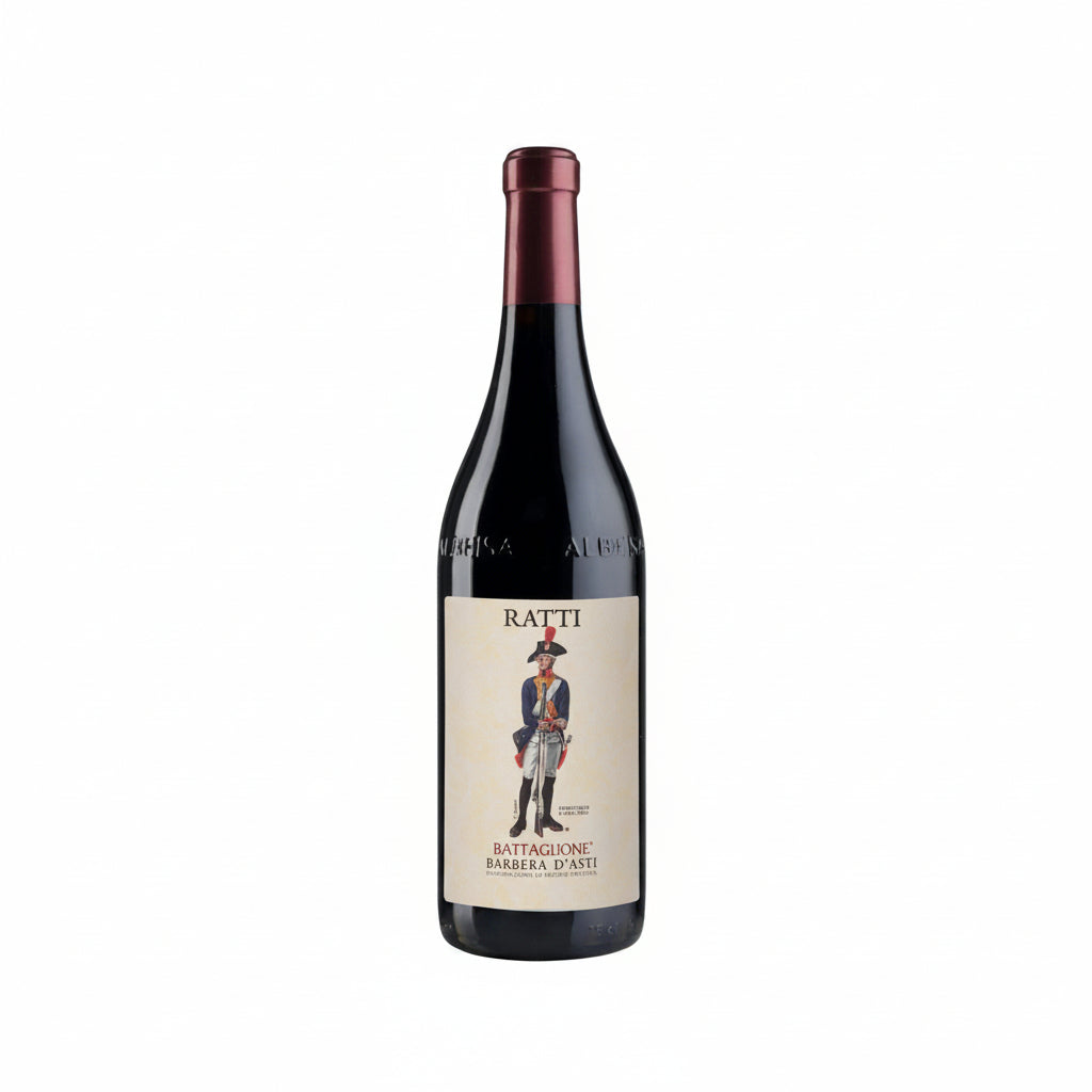 A bottle of Ratti Battagione Barbera d'Alti red wine, featuring a dark glass bottle with a cream-colored label and a dark red foil capsule, set against a plain white background.