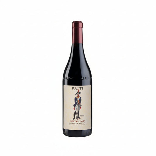 A bottle of Ratti Battagione Barbera d'Alti red wine, featuring a dark glass bottle with a cream-colored label and a dark red foil capsule, set against a plain white background.