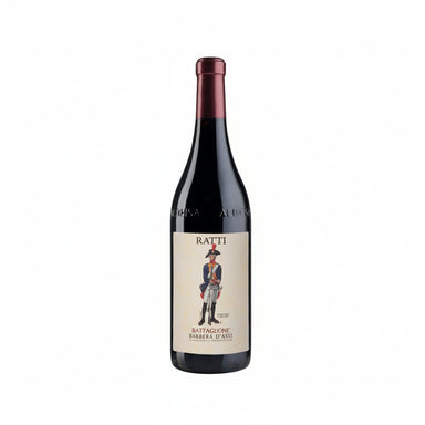 A bottle of Ratti Battagione Barbera d'Alti red wine, featuring a dark glass bottle with a cream-colored label and a dark red foil capsule, set against a plain white background.
