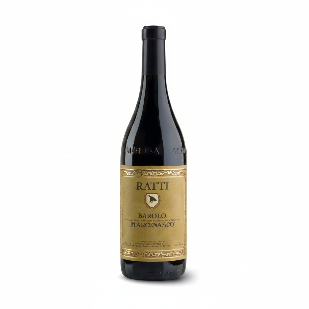 Wine bottle with a Ratti Barolo Marcenasco label on a white background