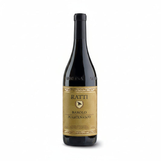 Wine bottle with a Ratti Barolo Marcenasco label on a white background