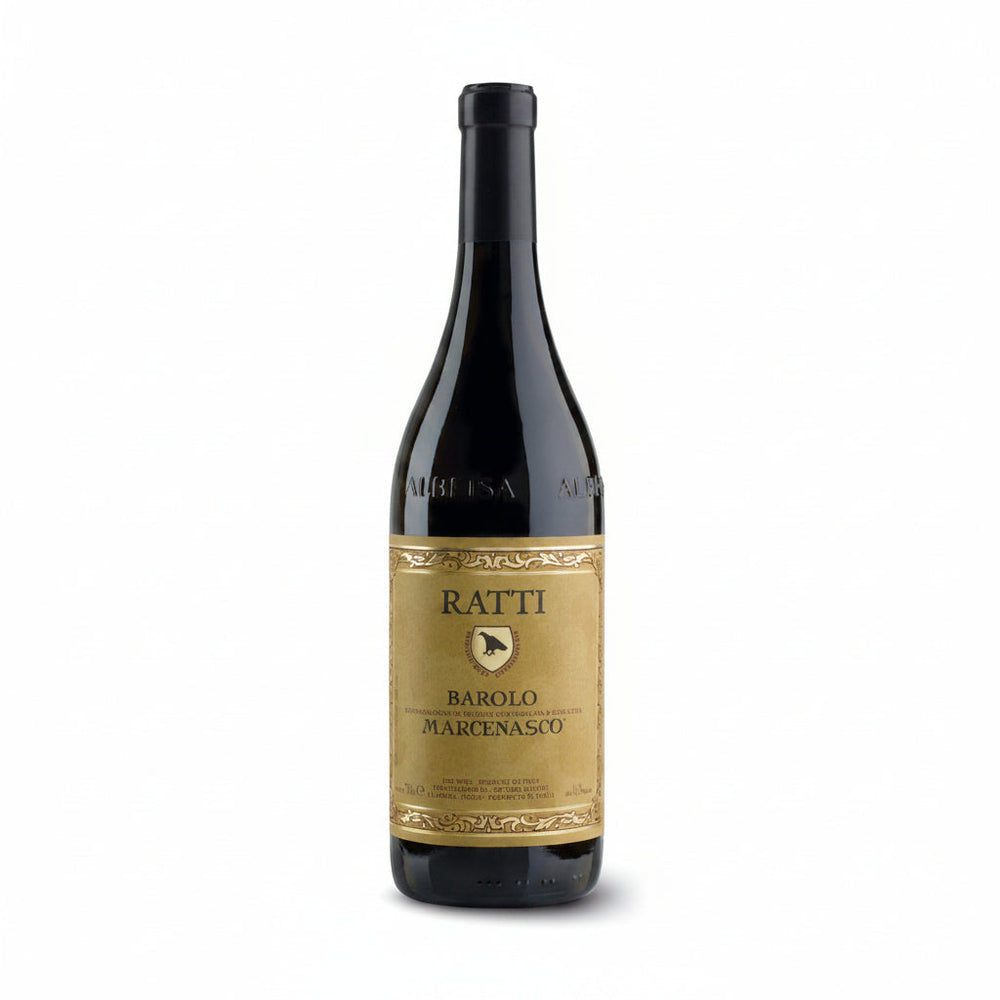 Wine bottle with a Ratti Barolo Marcenasco label on a white background
