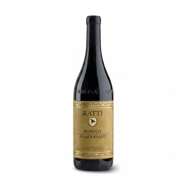 Wine bottle with a Ratti Barolo Marcenasco label on a white background