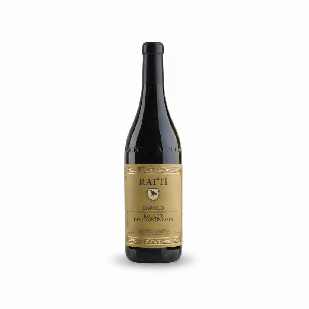 Wine bottle with Ratti Barolo label on a white background