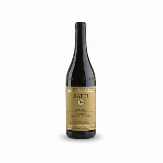 Wine bottle with Ratti Barolo label on a white background