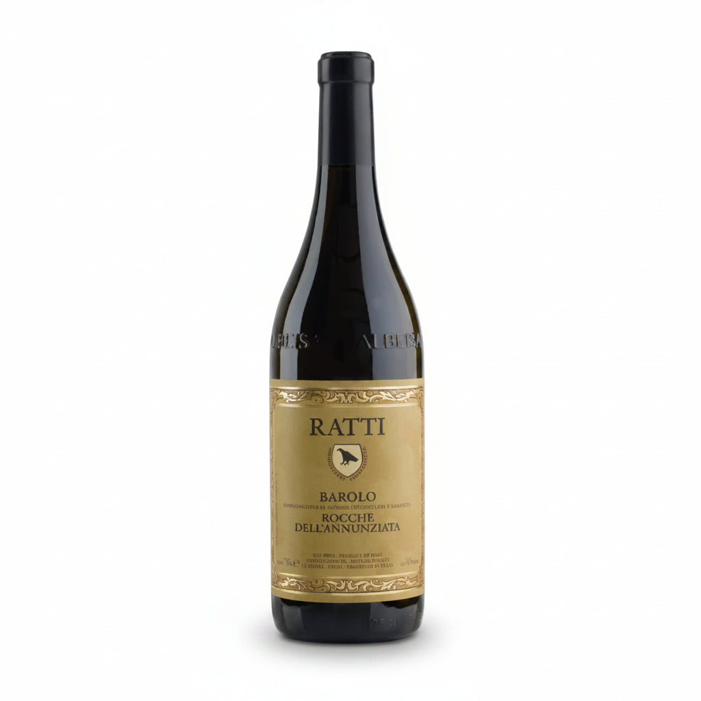 Wine bottle with Ratti Barolo label on a white background