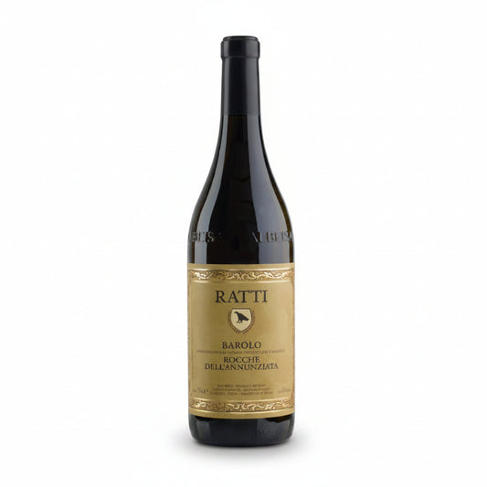 Wine bottle with Ratti Barolo label on a white background