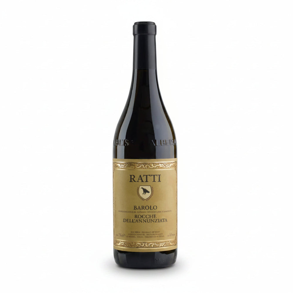 Wine bottle with Ratti Barolo label on a white background