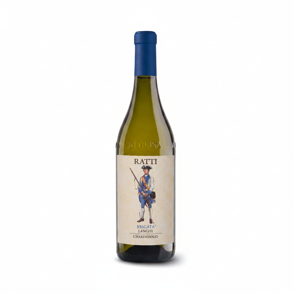 A bottle of Ratti Brigata Langhe Chardonnay white wine, featuring a cream-colored label with an illustration of a historical soldier and a dark blue screw cap, set against a plain white background.