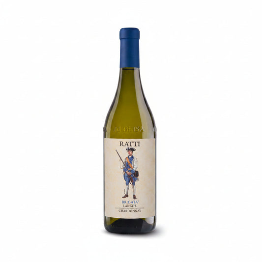 A bottle of Ratti Brigata Langhe Chardonnay white wine, featuring a cream-colored label with an illustration of a historical soldier and a dark blue screw cap, set against a plain white background.