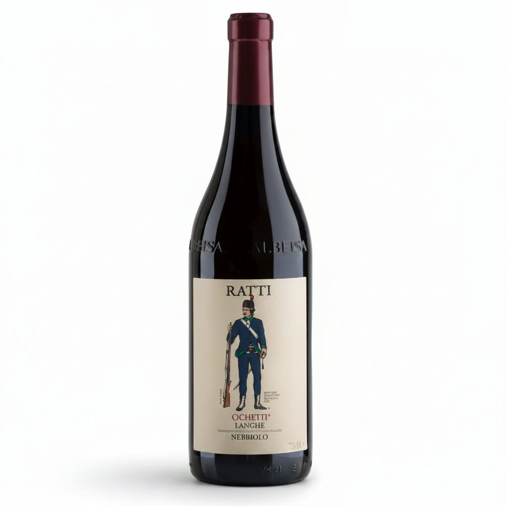 Wine bottle with a label featuring a person in a top hat and coat on a white background